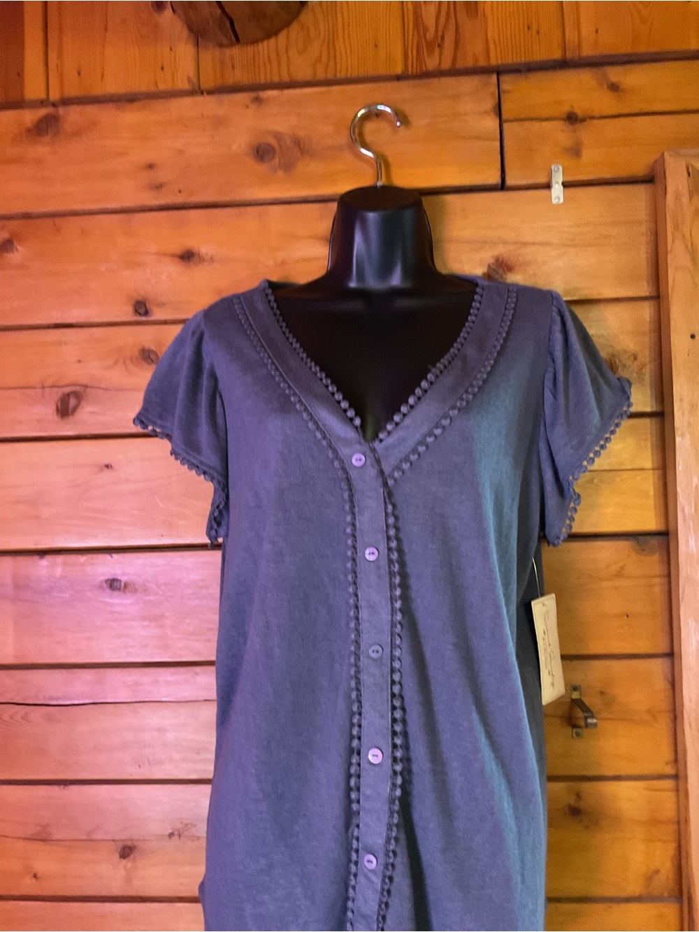 French Laundry Smokey Blue  Buttondown V-Neck Top with Pom Trim NWT Large